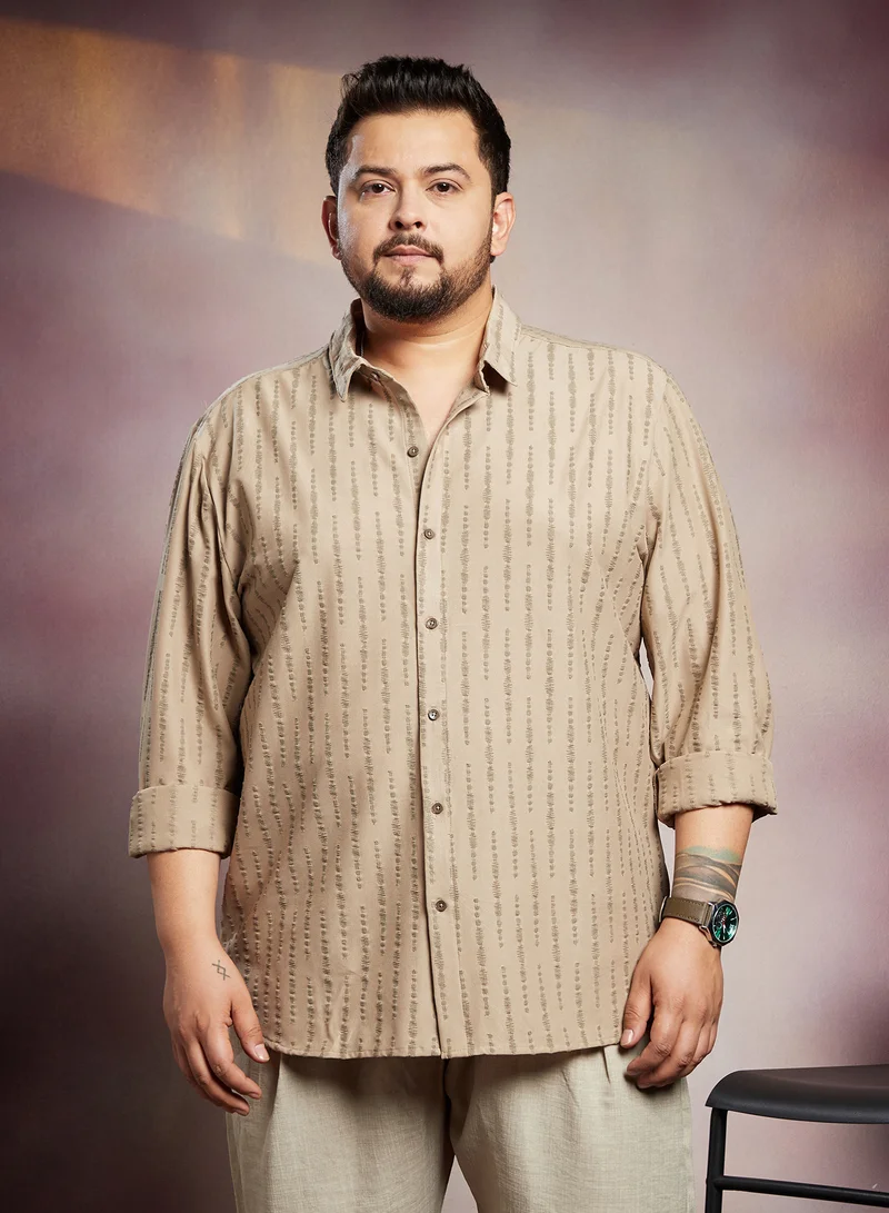 Instafab Plus Instafab Plus Men's Sand Beige Tassel-Weave Shirt For Casual Wear | Spread Collar | Long Cuffed Sleeves | Button Closure | Plus Size Shirt Crafted With Comfort Fit For Everyday Wear