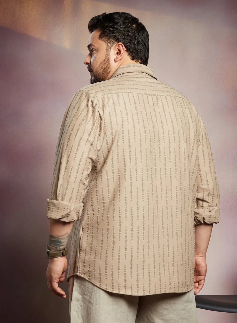 Instafab Plus  Instafab Plus Men's Sand Beige Tassel-Weave Shirt For Casual Wear | Spread Collar | Long Cuffed Sleeves | Button Closure | Plus Size Shirt Crafted With Comfort Fit For Everyday Wear for Men | Best Price UAE