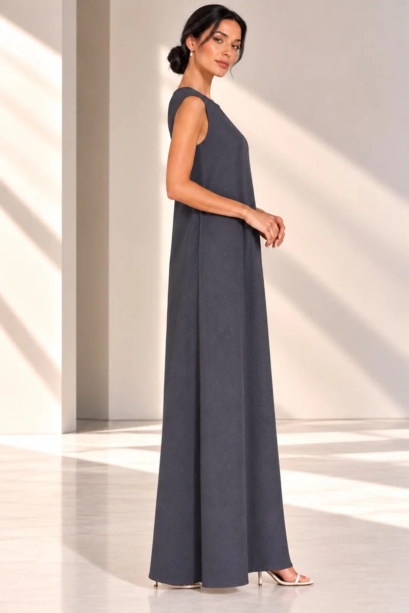 Nikias Nikias Charcoal Grey Sleeveless Maxi Inner Dress for Women – Straight Cut, Round Neck