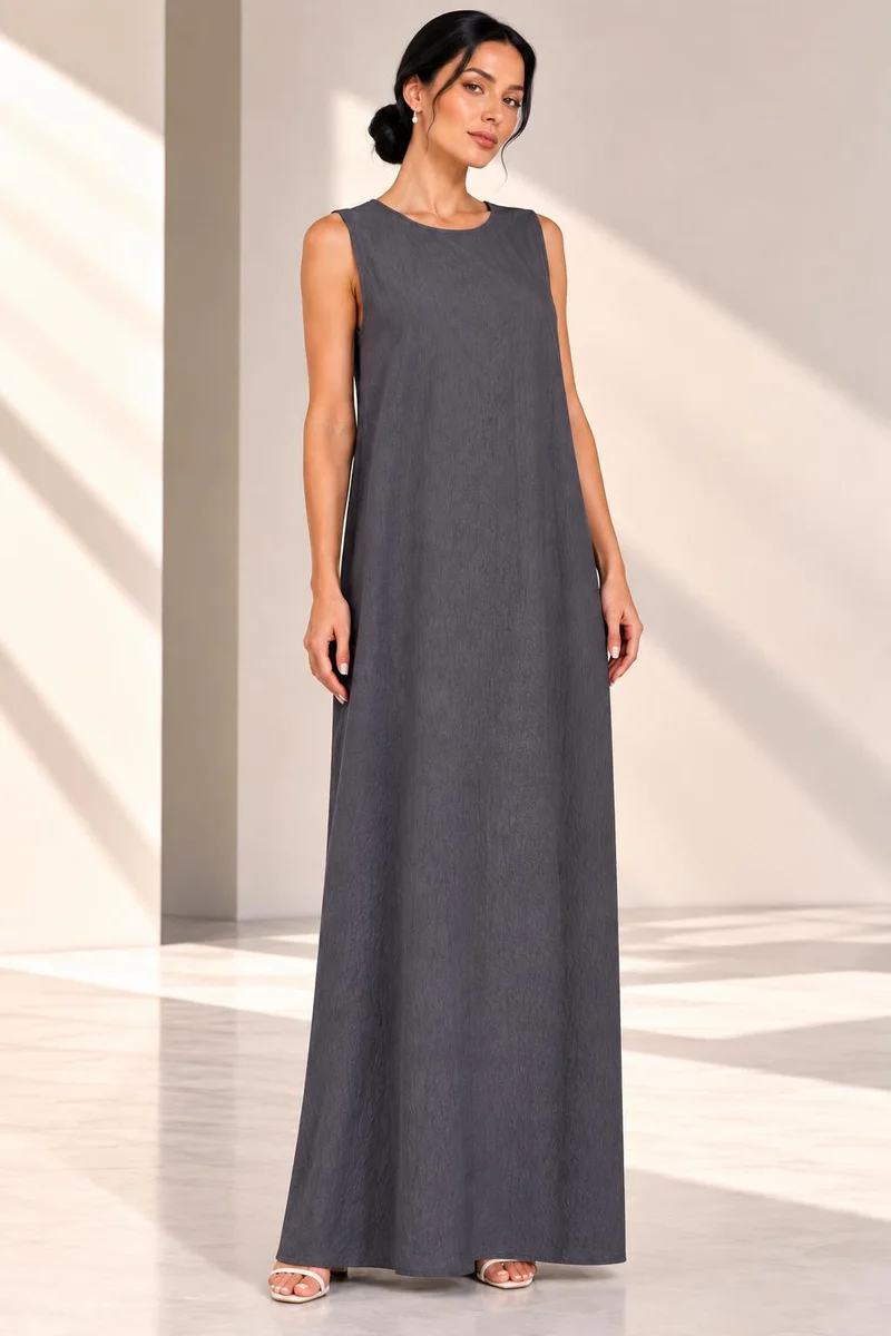 Nikias Nikias Charcoal Grey Sleeveless Maxi Inner Dress for Women – Straight Cut, Round Neck
