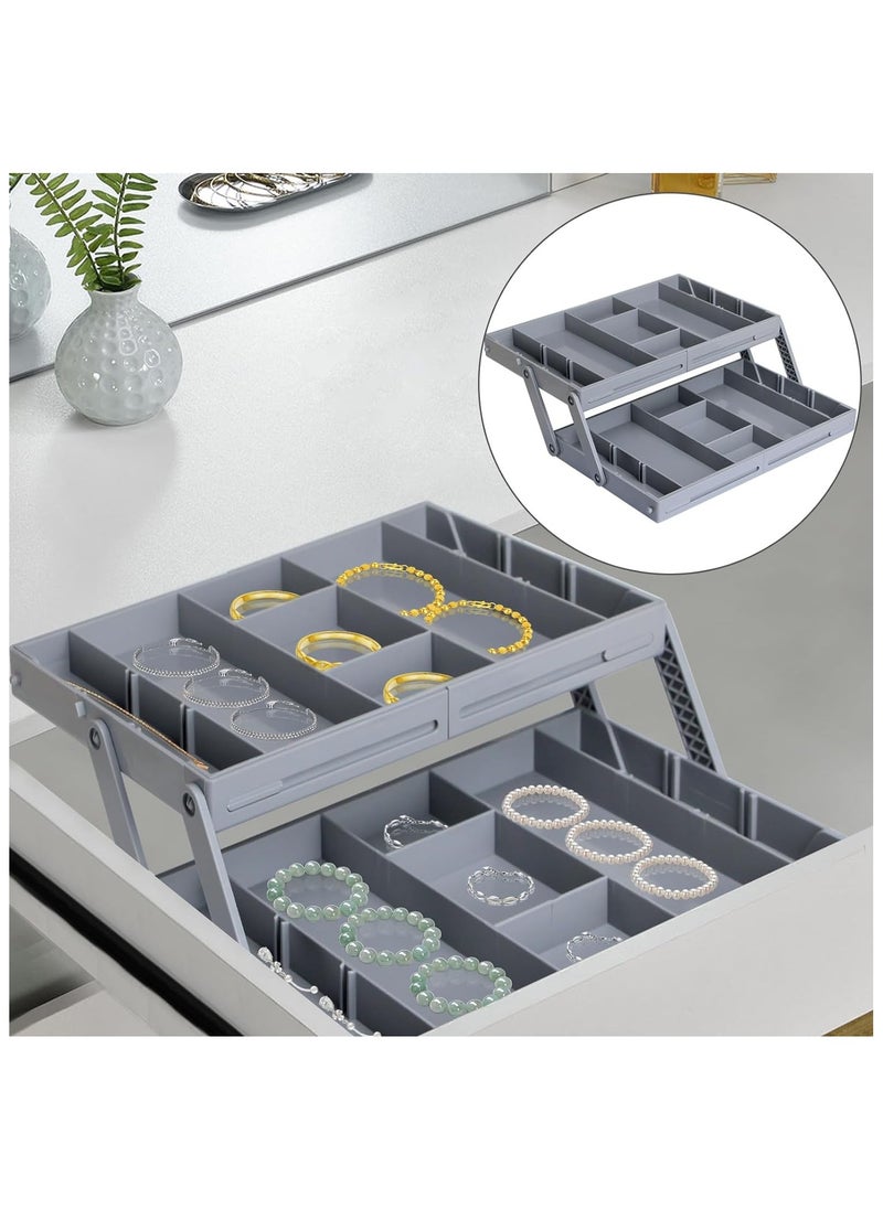 3 Tier Smart Collapsible Drawer Organizer,Multi Level Stacking Folding Junk Organizer, Foldable Expandable Pop up Tray, Expanding Multilevel Triple Desk Space Organizer