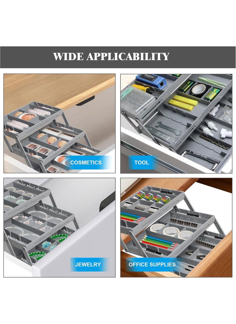3 Tier Smart Collapsible Drawer Organizer,Multi Level Stacking Folding Junk Organizer, Foldable Expandable Pop up Tray, Expanding Multilevel Triple Desk Space Organizer