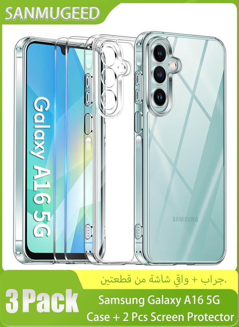 SANMUGEED Clear Case Compatible with Samsung Galaxy A16 5G/4G Case with 2 Tempered Glass Screen Protector, Soft Bumper Anti-Scratch Silicone Phone Case Cover Transparent - Image 1