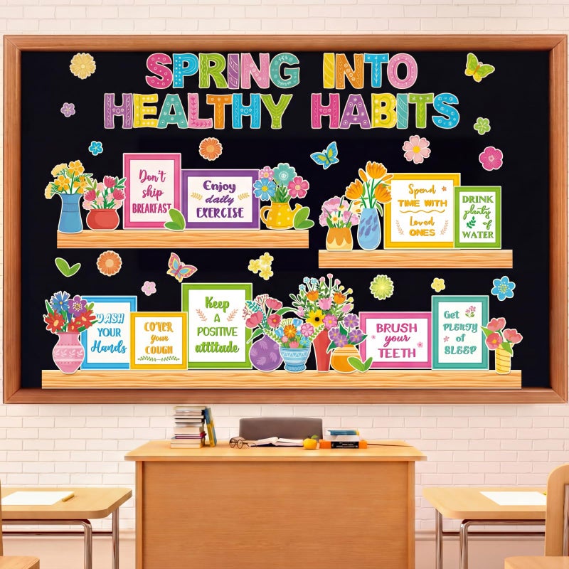 Qilery Spring Healthy Habits Bulletin Board Set Classroom Decorations - Motivational Nutrition Paper Cutouts for Elementary School Nurse Office - Educational Positive Wall Decor for Teachers & Library - Image 1