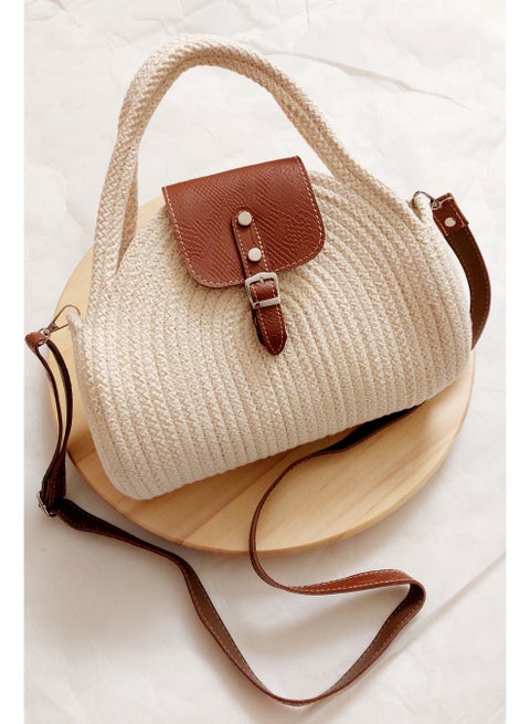 Eco friendly cotton cord cross body bag off white and mocca leather flap