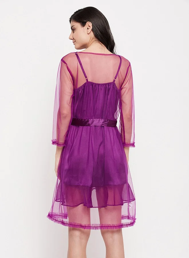 Clovia Clovia Short Night Dress & Robe Set in Wine Colour - Satin