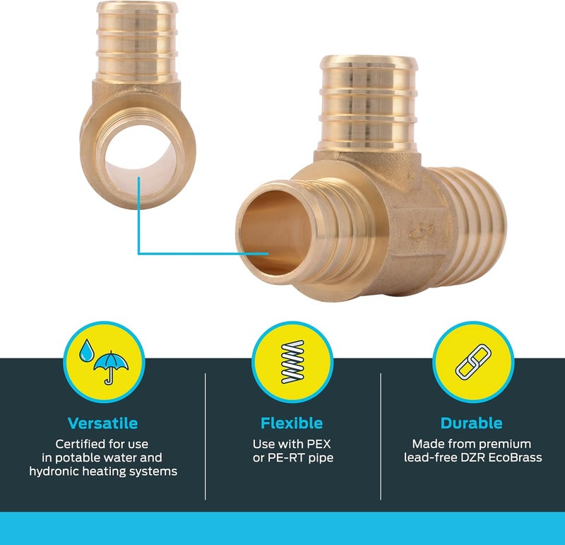 SharkBite Home & light industrial compatible 1 Inch x 3/4 Inch x 3/4 Inch Crimp Reducing Tee, Brass Plumbing Fitting, PEX Pipe, PE-RT, UC414LFA Multi-style matching design - Image 3