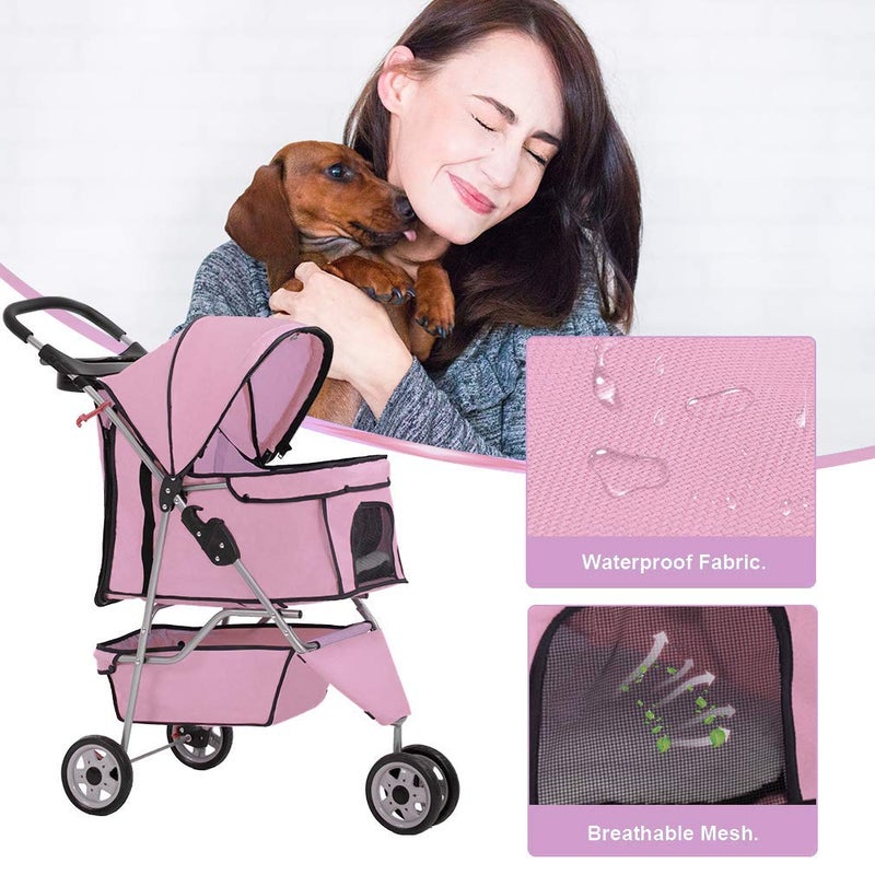 bestpet عربة الكلاب الأفضل 3 عجلات للكلاب والقطط متوسطة وصغيرة للسفر قابلة للطي حاملة مقاومة للماء مع حامل أكواب وبطانة قابلة للإزالة، وردي - Image 3