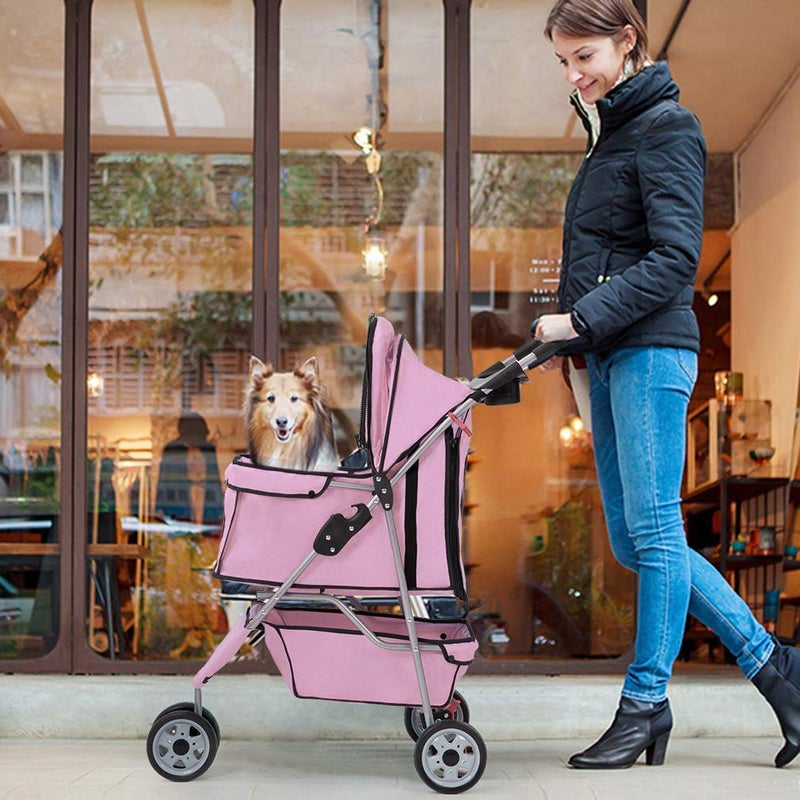 bestpet عربة الكلاب الأفضل 3 عجلات للكلاب والقطط متوسطة وصغيرة للسفر قابلة للطي حاملة مقاومة للماء مع حامل أكواب وبطانة قابلة للإزالة، وردي - Image 2