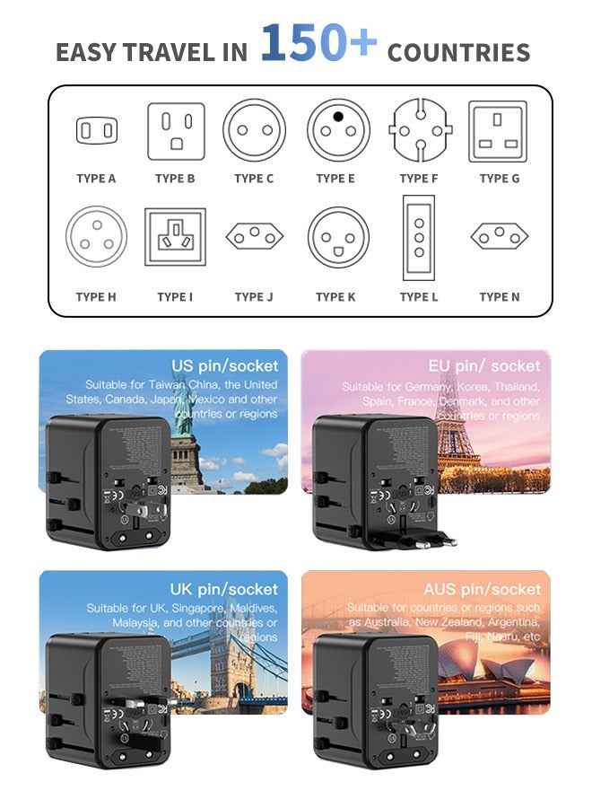 Universal International Power Travel Plug Adapter，GaN 100W Fast Charging Universal Travel Adapter,4-in-1 International Power Plug with 3 USB-C  1 USB-A Port, PD QC3.0 Compatible for EU/UK/US/AU/Asia Black, Overload Protection for Laptop Phone Travel - Image 2