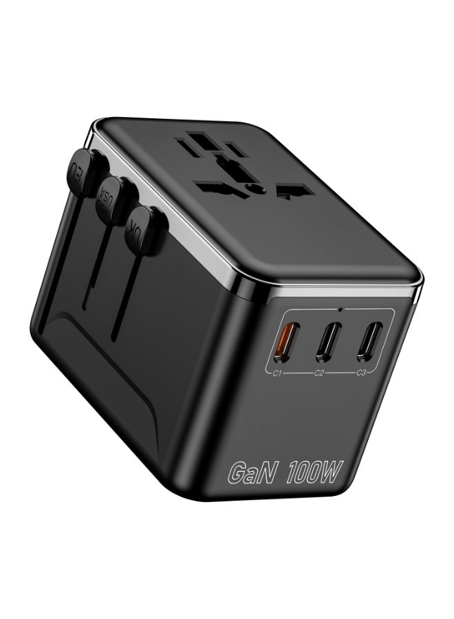 Universal International Power Travel Plug Adapter，GaN 100W Fast Charging Universal Travel Adapter,4-in-1 International Power Plug with 3 USB-C  1 USB-A Port, PD QC3.0 Compatible for EU/UK/US/AU/Asia Black, Overload Protection for Laptop Phone Travel - Image 1