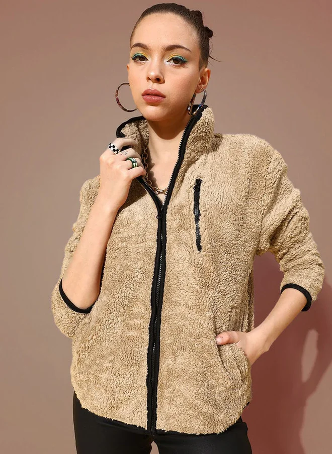 SASSAFRAS Beige Faux Fur Sporty Jacket for Women
