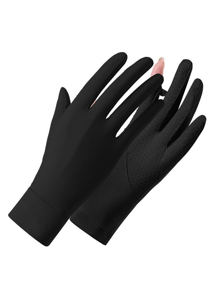 قفازات نسائية للحماية من الشمس للصيف، قفازات حريرية قصيرة ورفيعة للحماية من الأشعة فوق البنفسجية - أسود - Image 1