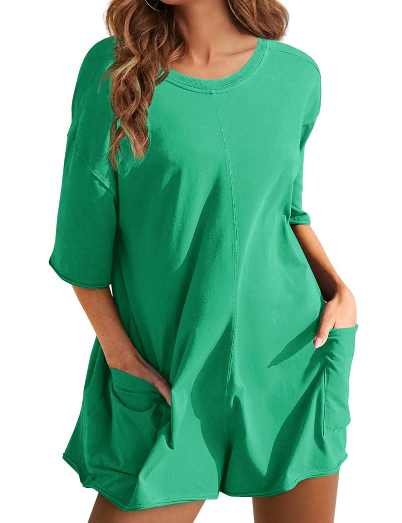 Yeokou Rompers for Women Casual Short Sleeve Oversized Athletic Workout Reversible Hot Shot Tee Romper Deep Pockets(Green-L) - Image 3
