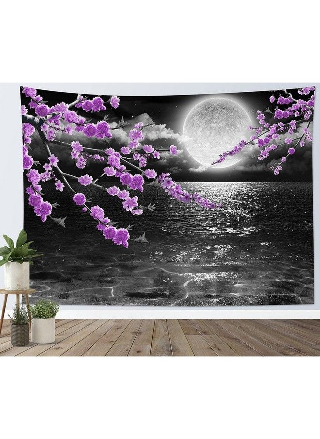 LB Small Full Moon Over Ocean Tapestry Wall Hanging Purple Japanese Cherry Blossom Wall Tapestry Fantasy Asian Scenery Tapestry For Bedroom Living Room Dorm Home Decor 60 X 40 Inches  - Image 1