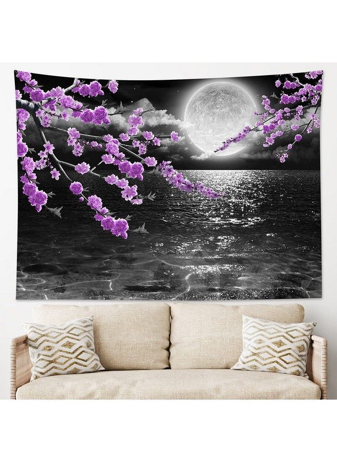 LB Small Full Moon Over Ocean Tapestry Wall Hanging Purple Japanese Cherry Blossom Wall Tapestry Fantasy Asian Scenery Tapestry For Bedroom Living Room Dorm Home Decor 60 X 40 Inches  - Image 4