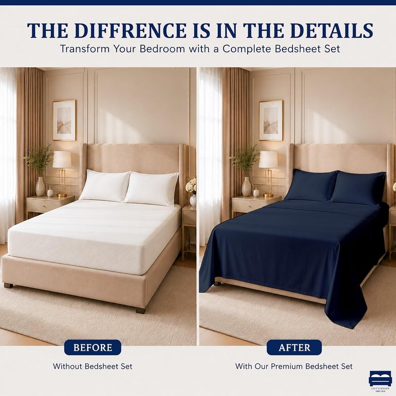 Cottingon 4 Piece Full Sheets, 100% Extra Long Staple Premium Egyptian Cotton, Soft Camper Bed Sheet Set, Fits Upto 16" Deep RV Bunk Mattress 54"X75", Navy Blue - Image 4