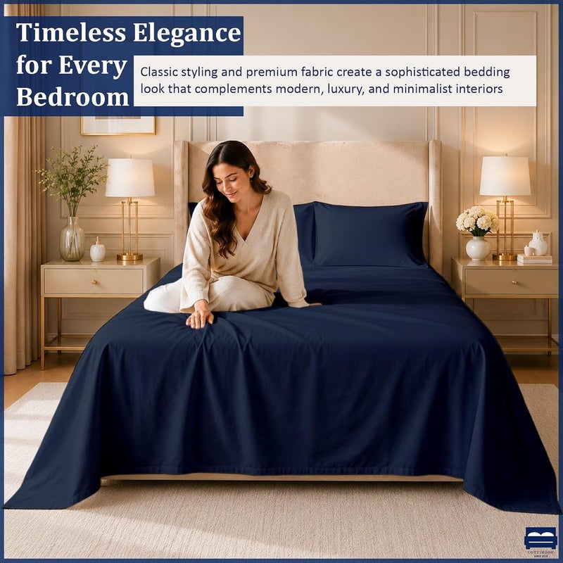 Cottingon 4 Piece Full Sheets, 100% Extra Long Staple Premium Egyptian Cotton, Soft Camper Bed Sheet Set, Fits Upto 16" Deep RV Bunk Mattress 54"X75", Navy Blue - Image 3