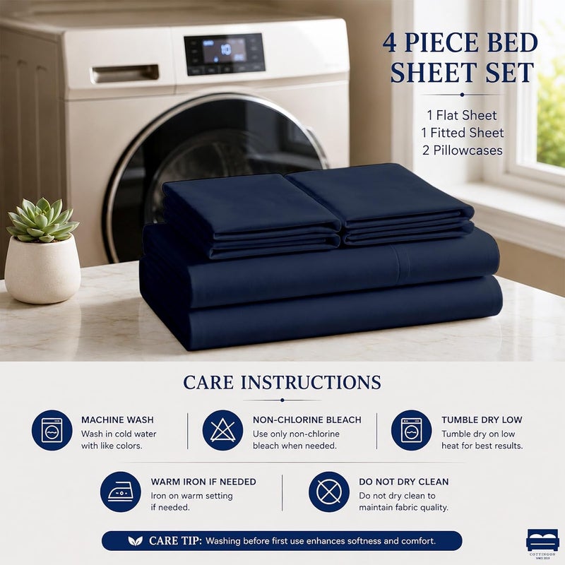 Cottingon 4 Piece Full Sheets, 100% Extra Long Staple Premium Egyptian Cotton, Soft Camper Bed Sheet Set, Fits Upto 16" Deep RV Bunk Mattress 54"X75", Navy Blue - Image 5