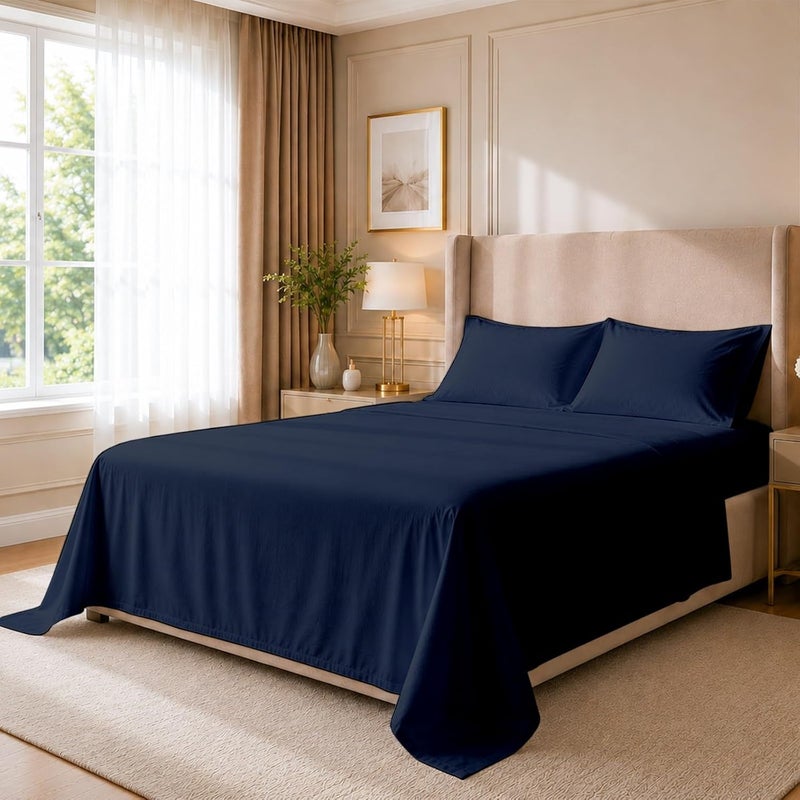 Cottingon 4 Piece Full Sheets, 100% Extra Long Staple Premium Egyptian Cotton, Soft Camper Bed Sheet Set, Fits Upto 16" Deep RV Bunk Mattress 54"X75", Navy Blue - Image 1