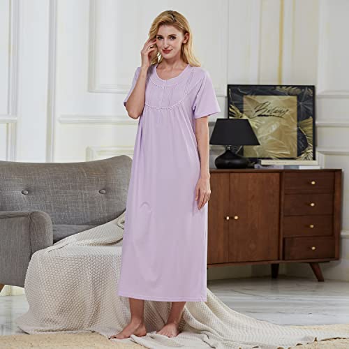 Keyocean Women Nightgown, Soft Comfy 100% Cotton Lace Trim Short Sleeves Lightweight Ladies Sleeping-gown, Light Purple, XX-Large - Image 3