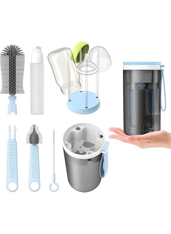 HOOKOR Durku Travel Baby Bottle Brush Set with Portable Silicone Bottle Brush, Nipple Cleaner Brush, Straw Brush, Soap Dispenser and Bottle Drying Rack (Blue)  - Image 1