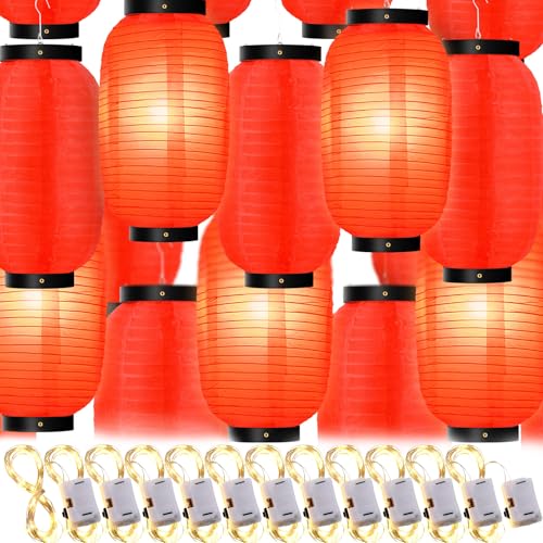 Hortsun 24 Pcs Traditional Japanese Style Red Silk Hanging Lantern Set Including Paper Lanterns Japanese Decorations and Lights for Chinese New Year Luna Festival Party Decoration DIY Crafts - Image 1