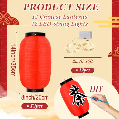 Hortsun 24 Pcs Traditional Japanese Style Red Silk Hanging Lantern Set Including Paper Lanterns Japanese Decorations and Lights for Chinese New Year Luna Festival Party Decoration DIY Crafts - Image 2