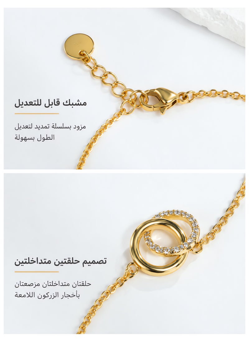 Ginora Gold-Tone Interlocking Double Circle Bracelet with Sparkling Crystal Details, Adjustable Chain, Elegant Jewelry for Women, Suitable for Daily Wear, Parties & Gifts - Image 5