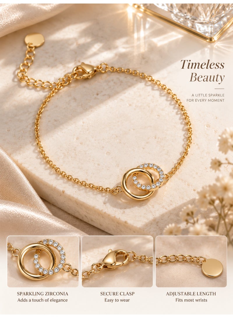 Ginora Gold-Tone Interlocking Double Circle Bracelet with Sparkling Crystal Details, Adjustable Chain, Elegant Jewelry for Women, Suitable for Daily Wear, Parties & Gifts - Image 4
