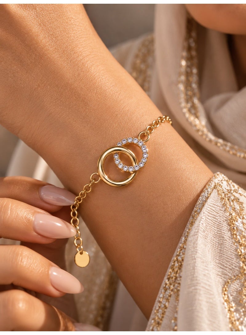 Ginora Gold-Tone Interlocking Double Circle Bracelet with Sparkling Crystal Details, Adjustable Chain, Elegant Jewelry for Women, Suitable for Daily Wear, Parties & Gifts - Image 1