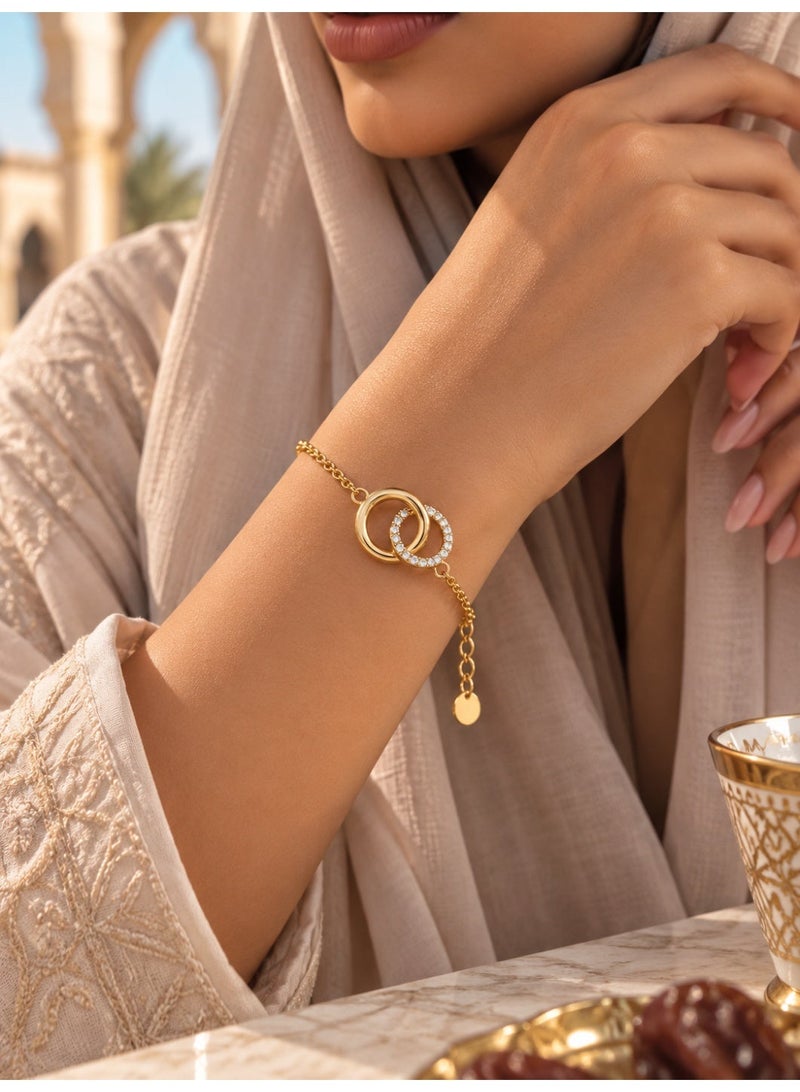 Ginora Gold-Tone Interlocking Double Circle Bracelet with Sparkling Crystal Details, Adjustable Chain, Elegant Jewelry for Women, Suitable for Daily Wear, Parties & Gifts - Image 2