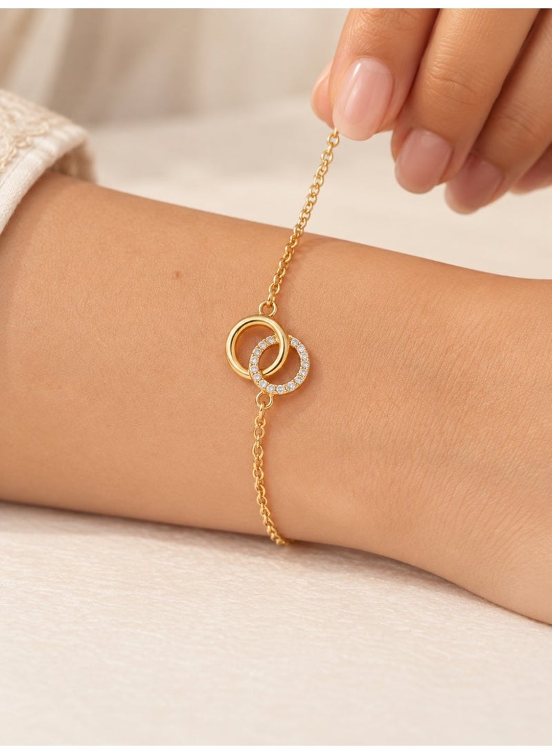 Ginora Gold-Tone Interlocking Double Circle Bracelet with Sparkling Crystal Details, Adjustable Chain, Elegant Jewelry for Women, Suitable for Daily Wear, Parties & Gifts - Image 3