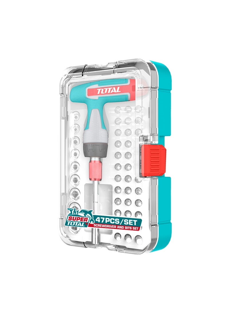 توتال طقم مفك ومقابس بمقبض على شكل حرف T مع آلية تعشيق من توتال مكوّن من ٤٧ قطعة، يضم رؤوسًا مستقيمة ومتقاطعة وبوزيدريف وسداسية ونجمية، ومقابس بمقاسات من ٤ إلى ١٢ ملم، مع حامل للرؤوس ومحوّل، ومرفق بعلبة تخزين بلاستيكية - Image 4