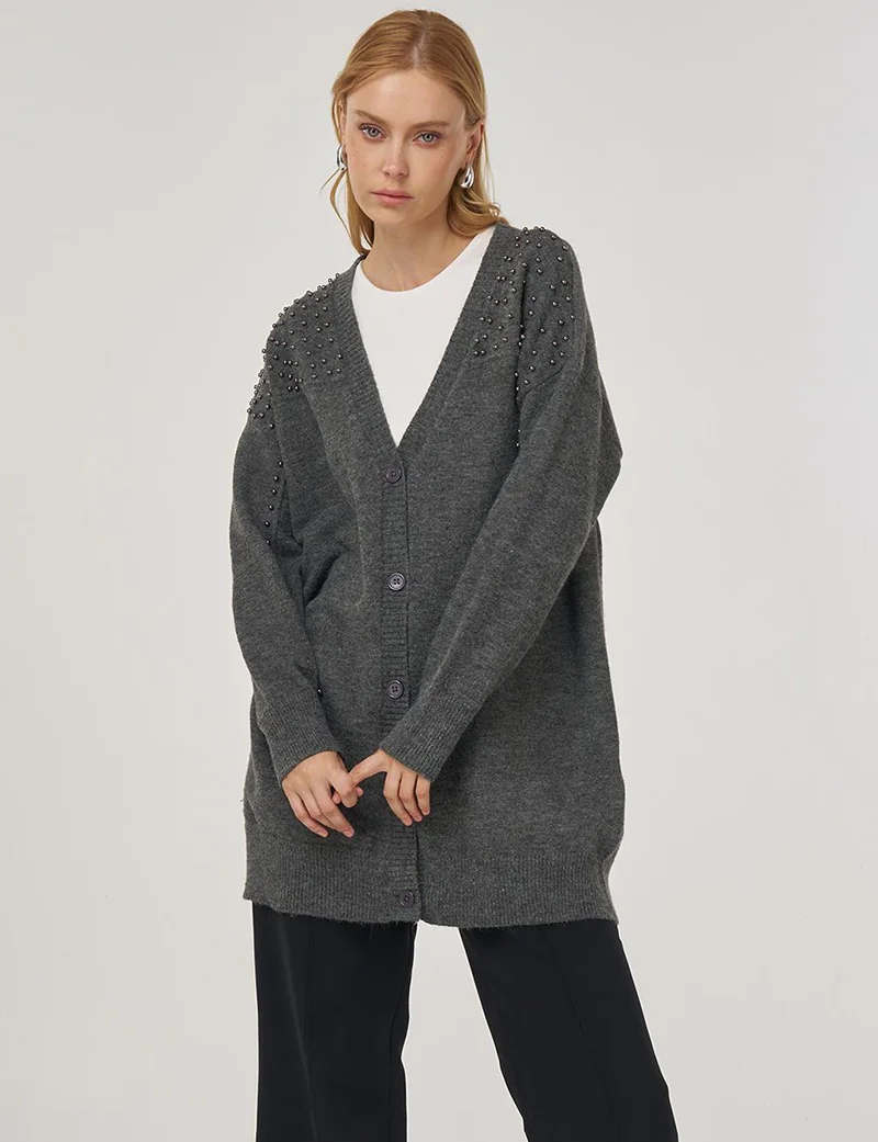 Kayra Bead-Embellished Knit Cardigan Anthracite