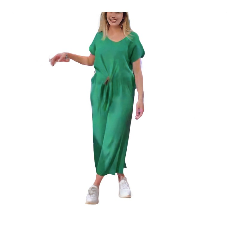 طقم نسائي كاجوال من القطن والكتان مع أزرار ورباط - Image 1