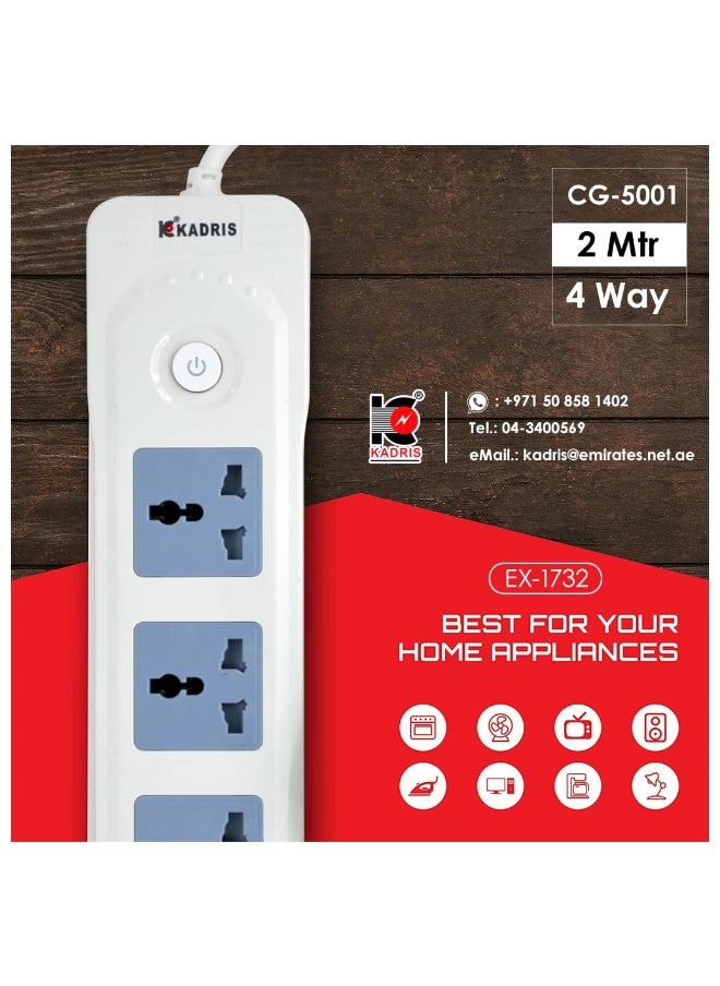 KADRIS Power Strips CG-5001 Heavy Duty Extension Cord with 4 way Outlets with switch, Charging Socket with 2 meter Heat resistant  Extension Cord (White) ESMA approved  - Image 3