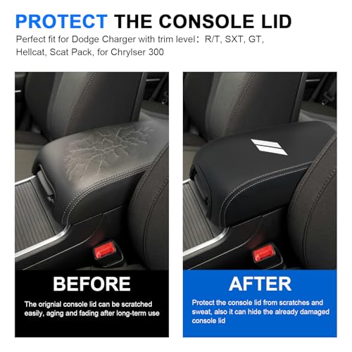 REMOCH Center Console Cover for Dodge Charger Accessories 2011-2021 2022 2023 for Chrysler 300 2015-2022 Leather Armrest Cover Console Box Lid Protector Interior (White Stitches, White Logo) - Image 2