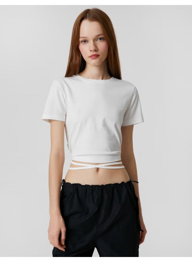 KOTON Crop T-Shirt with Tie Detail Crew Neck Short Sleeve - Image 3