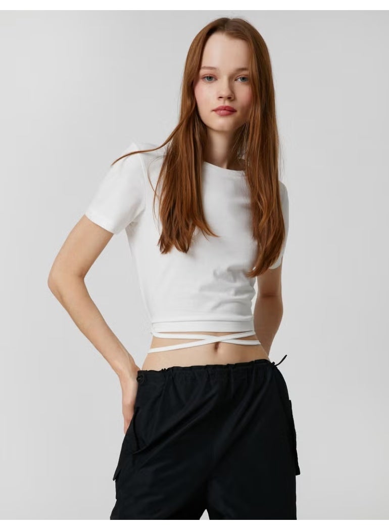 KOTON Crop T-Shirt with Tie Detail Crew Neck Short Sleeve - Image 2