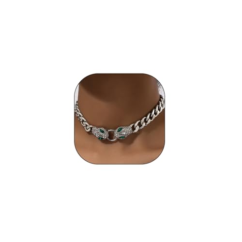 GIGB PBDK Chunky Gold Snake Choker Necklace, Punk Hip-Hop Green Crystal Snake Eye Link Cuban Chain Necklace, Rhinestone Viper Adjustable Collar Jewelry Gift (Silver) - Image 1