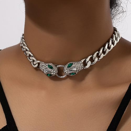 GIGB PBDK Chunky Gold Snake Choker Necklace, Punk Hip-Hop Green Crystal Snake Eye Link Cuban Chain Necklace, Rhinestone Viper Adjustable Collar Jewelry Gift (Silver) - Image 2