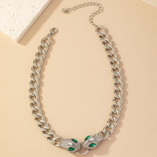 GIGB PBDK Chunky Gold Snake Choker Necklace, Punk Hip-Hop Green Crystal Snake Eye Link Cuban Chain Necklace, Rhinestone Viper Adjustable Collar Jewelry Gift (Silver) - Image 4