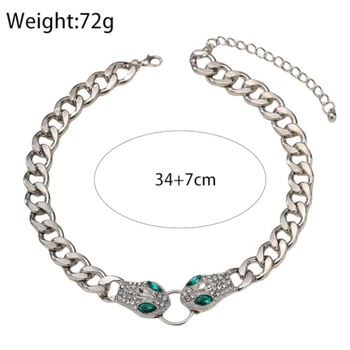 GIGB PBDK Chunky Gold Snake Choker Necklace, Punk Hip-Hop Green Crystal Snake Eye Link Cuban Chain Necklace, Rhinestone Viper Adjustable Collar Jewelry Gift (Silver) - Image 3