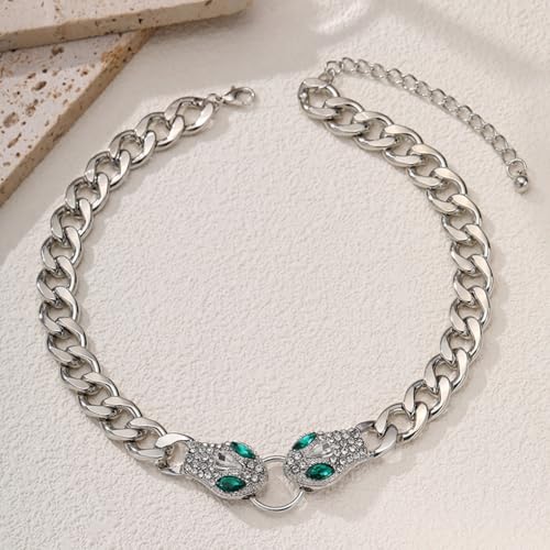 GIGB PBDK Chunky Gold Snake Choker Necklace, Punk Hip-Hop Green Crystal Snake Eye Link Cuban Chain Necklace, Rhinestone Viper Adjustable Collar Jewelry Gift (Silver) - Image 5