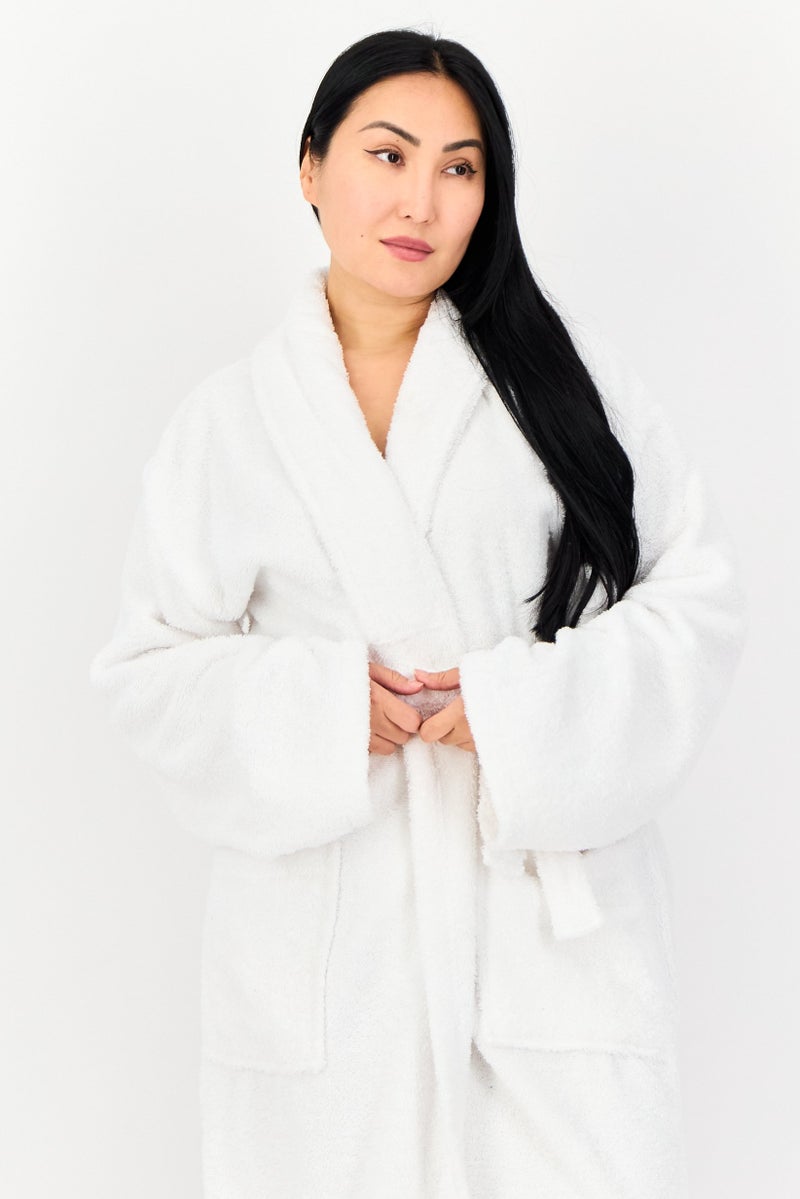 bebe Women Long Sleeve Textured Belted Robe, White - Image 2