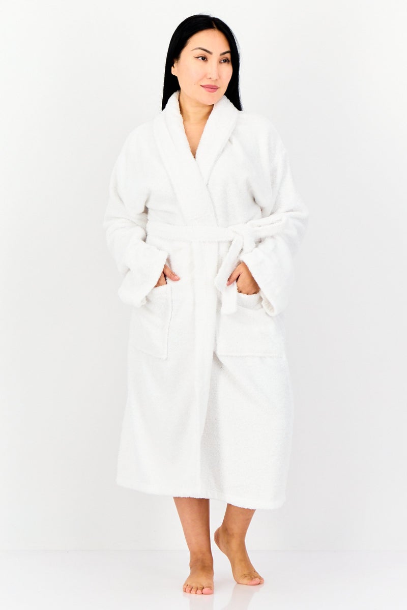 bebe Women Long Sleeve Textured Belted Robe, White - Image 1