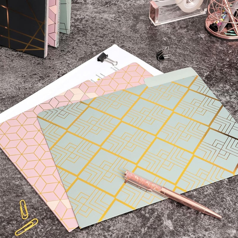 Paper Junkie مجلدات ملفات زخرفية - 11.5 × 9.5 بوصة، وردي، عبوة من 12 - لمسات هندسية لطيفة وورق ذهبى 1/3 تبويب - مجلدات ملونة جميلة لمستلزمات المكتب والمدرسة - Image 3