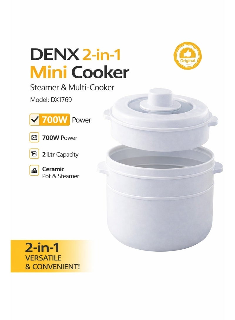 طباخ ميني DENX 2 في 1 700 واط طباخ أرز كهربائي بخار 2 لتر وعاء سيراميك غير لاصق محمول متعدد الاستخدامات جهاز مطبخ مدمج DX1769 - Image 1