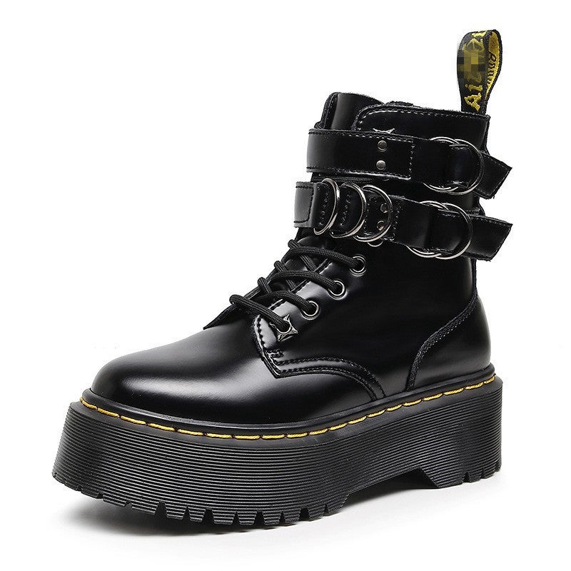 Classic Platform Combat Boots with Side Zipper and Buckle Strap for Men and Women in Black